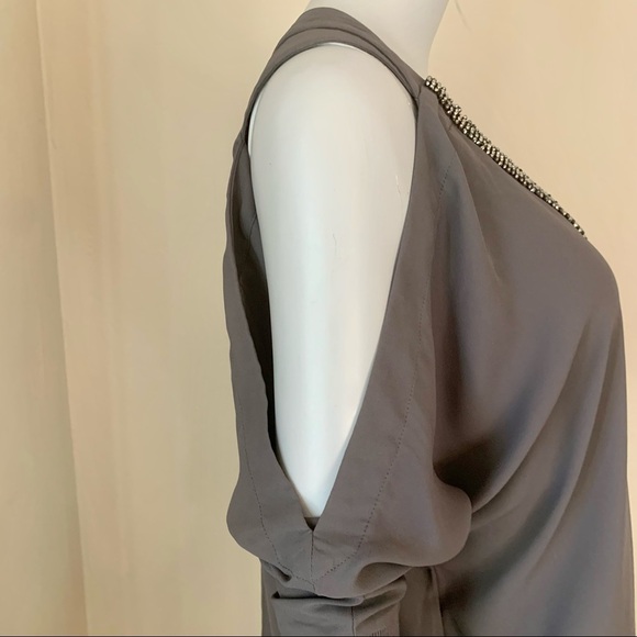JUICY COUTURE Embellished Silky Cold Shoulder V-Neck Blouse Gray - Picture 6 of 15